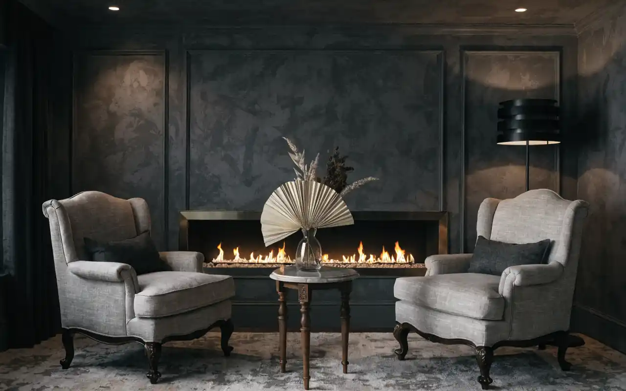 A modern linear fireplace with a stone surround in a sophisticated masculine lounge.