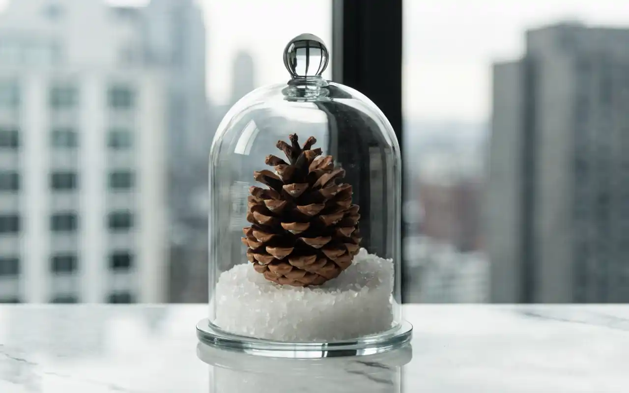 A glass cloche centerpiece highlighting a single large pinecone over a bed of faux snow.