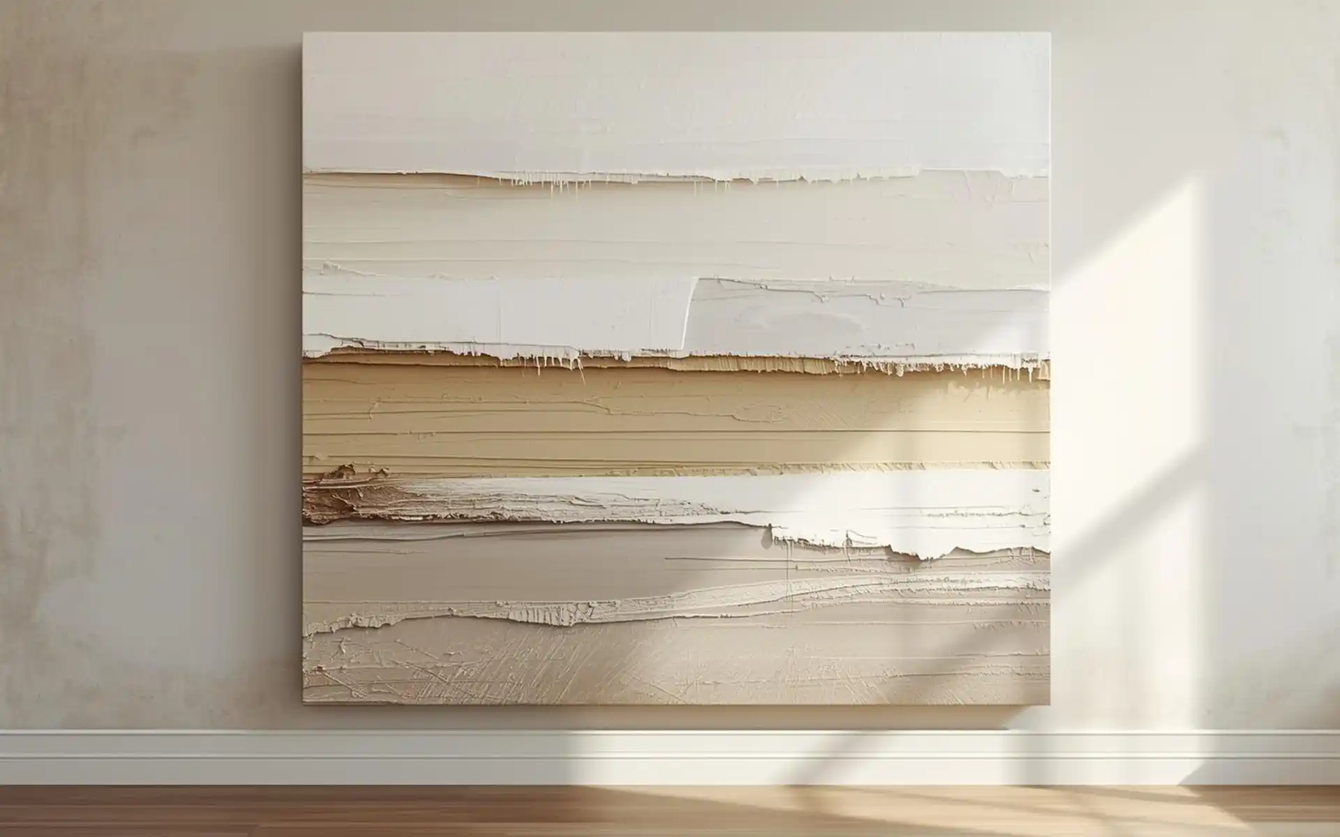 Abstract painting with sand and white colors on a neutral wall