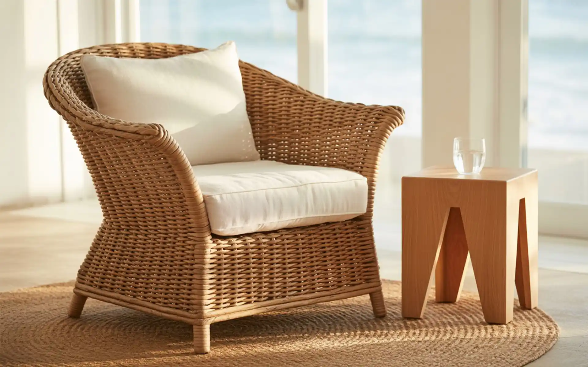 Sheer white curtains blowing in the breeze next to a large window