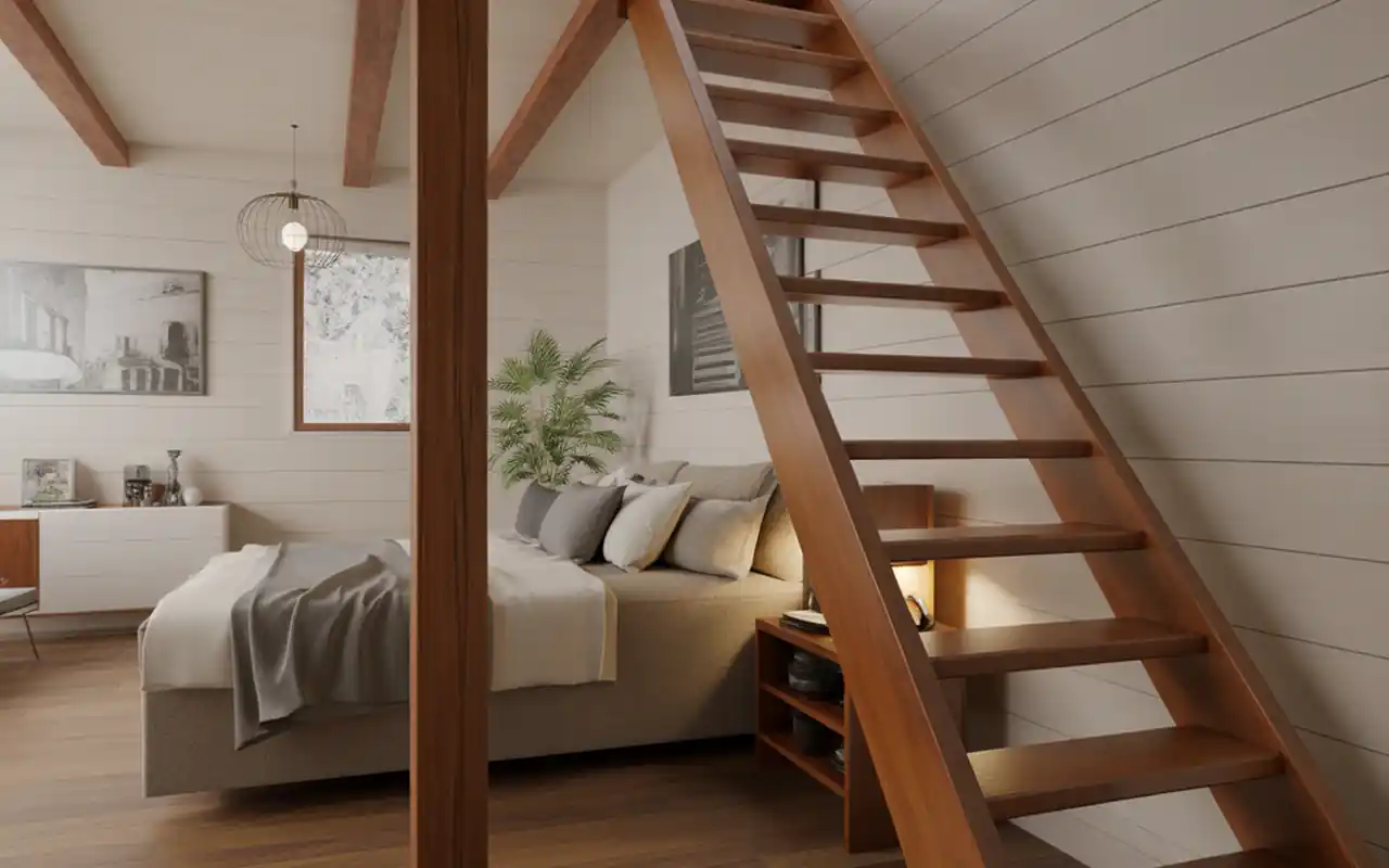 View of a compact post-and-beam loft bedroom looking down into a cozy living area.