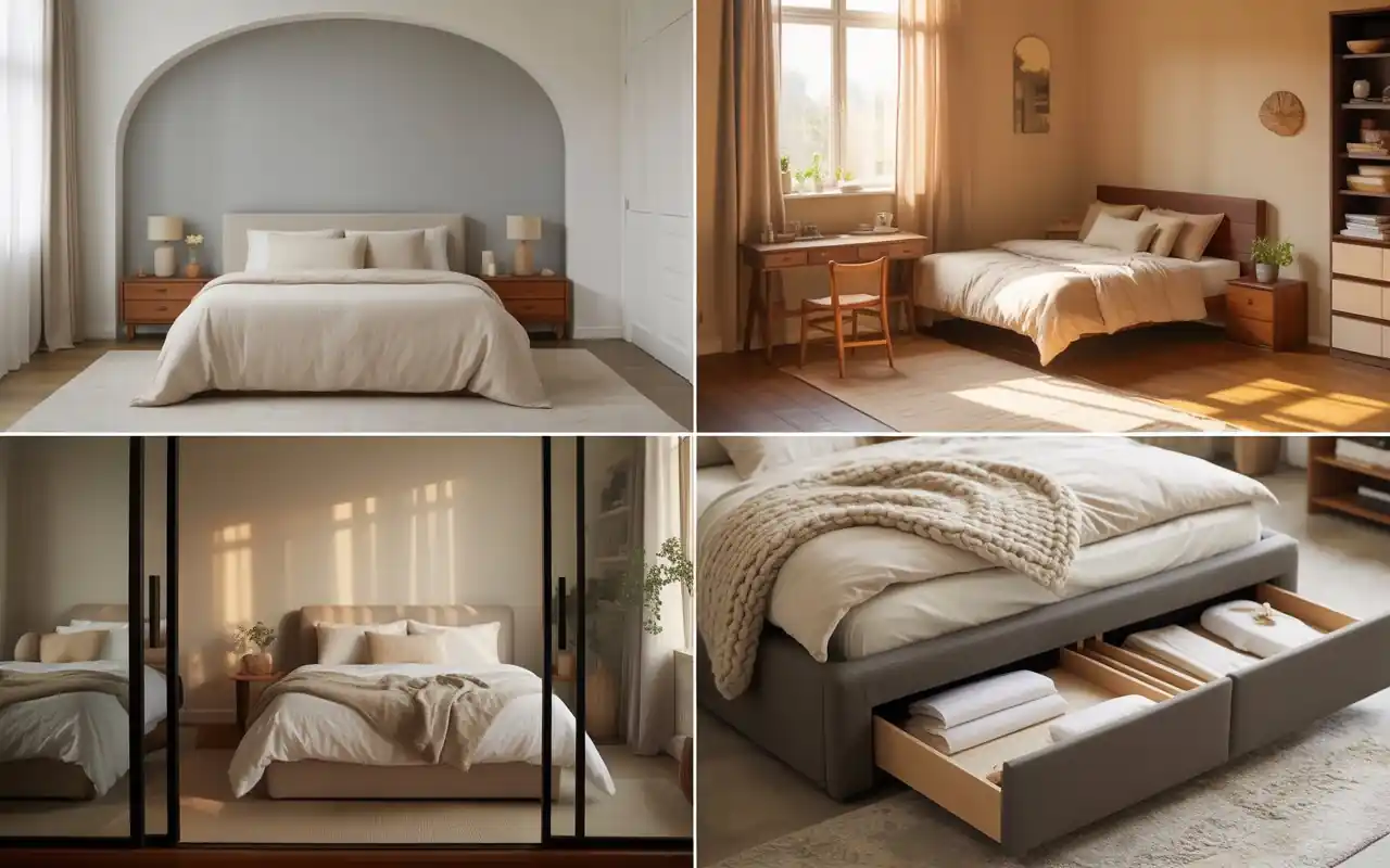 Bed tucked into a corner of a small bedroom to save space