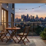 A cozy apartment balcony with a bistro set and scenic city view at sunset.