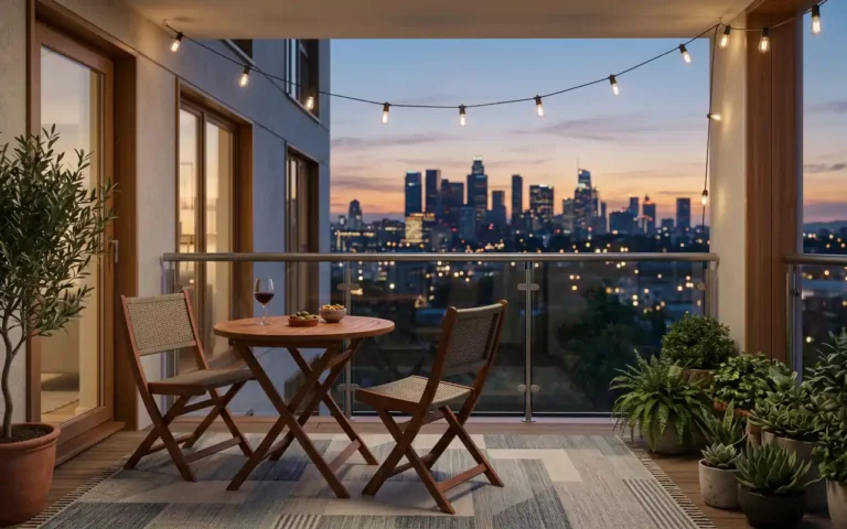 A cozy apartment balcony with a bistro set and scenic city view at sunset.