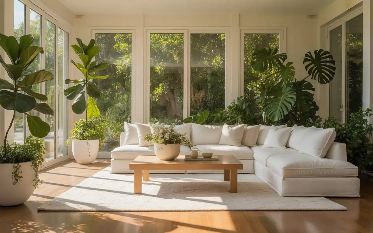 A cozy enclosed sunroom with an oversized sectional sofa and many green plants.