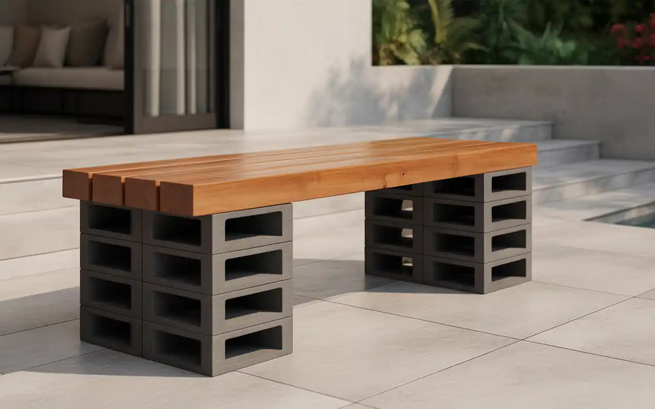 A modern outdoor bench made from grey cinder blocks and thick wooden beams.