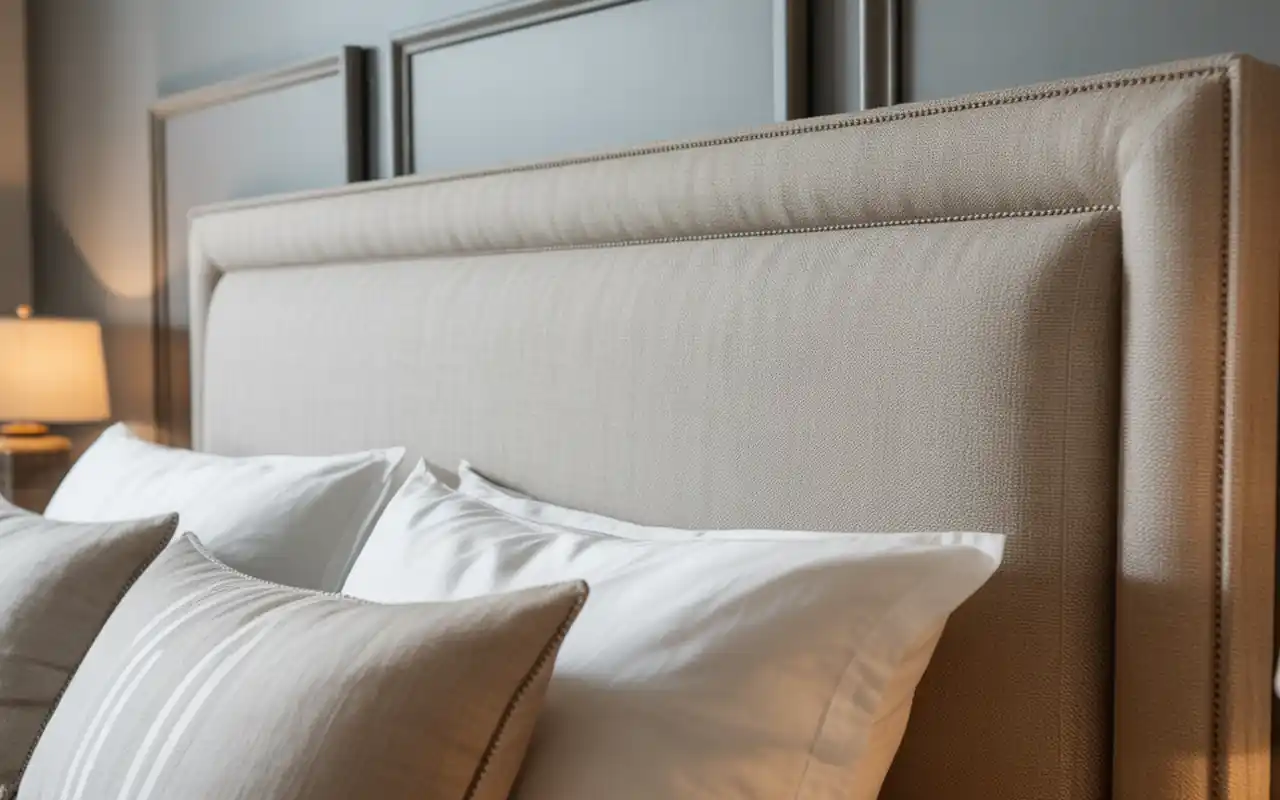 A stylish DIY upholstered headboard in a textured gray fabric against a white wall.