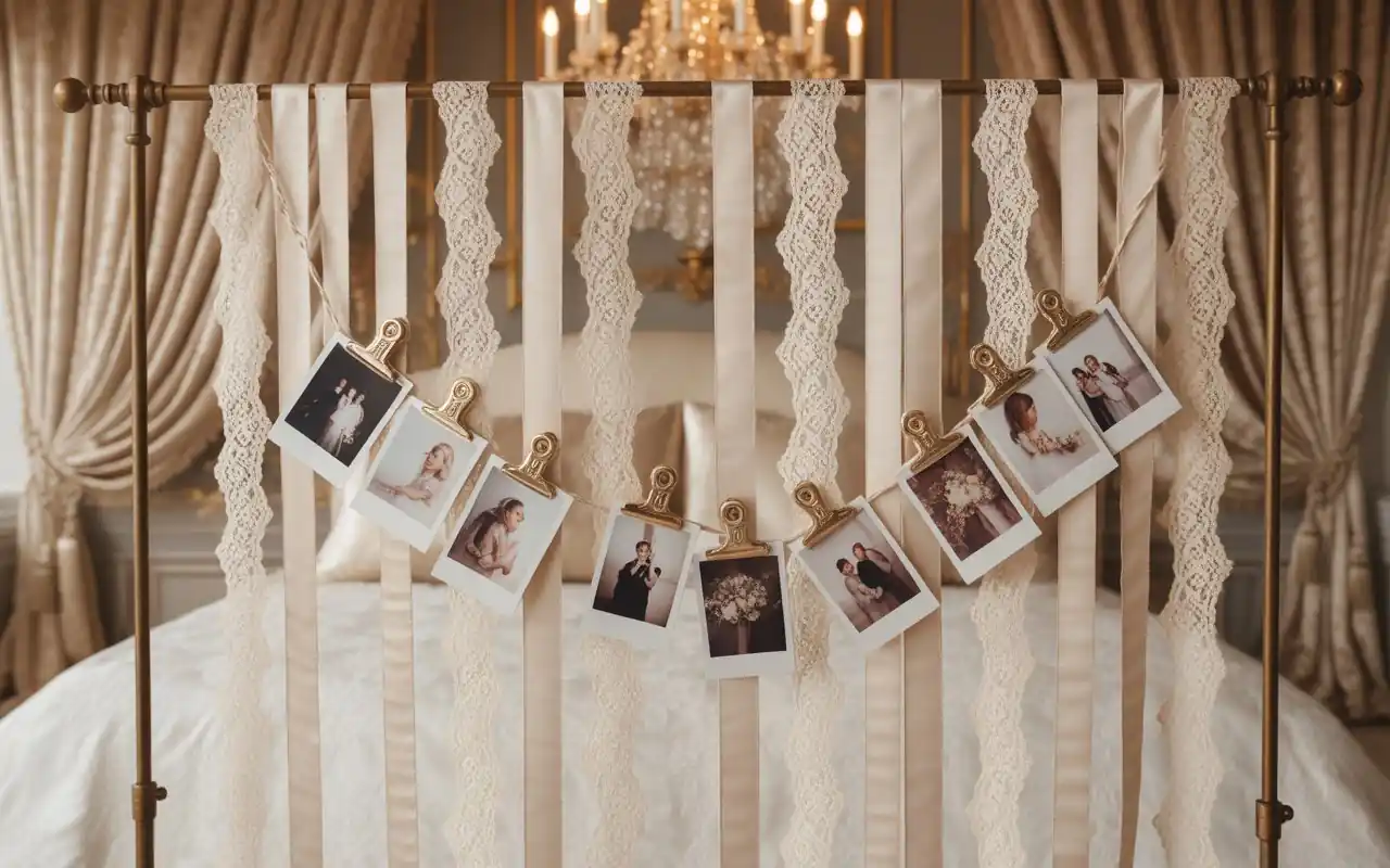 A gold-painted hula hoop decorated with greenery and white roses hanging from a ceiling.