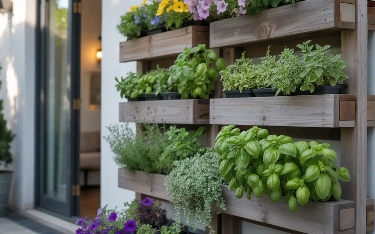 A vertical garden made from a repurposed wooden pallet filled with green herbs and flowers.