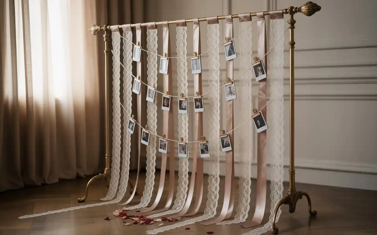 A DIY photo booth backdrop made of ribbons and hanging fairy lights with Polaroid photos.