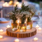 Beautiful DIY wedding table with mason jars, wildflowers, and wood slices