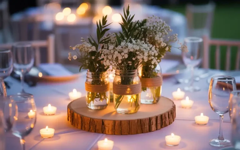Beautiful DIY wedding table with mason jars, wildflowers, and wood slices