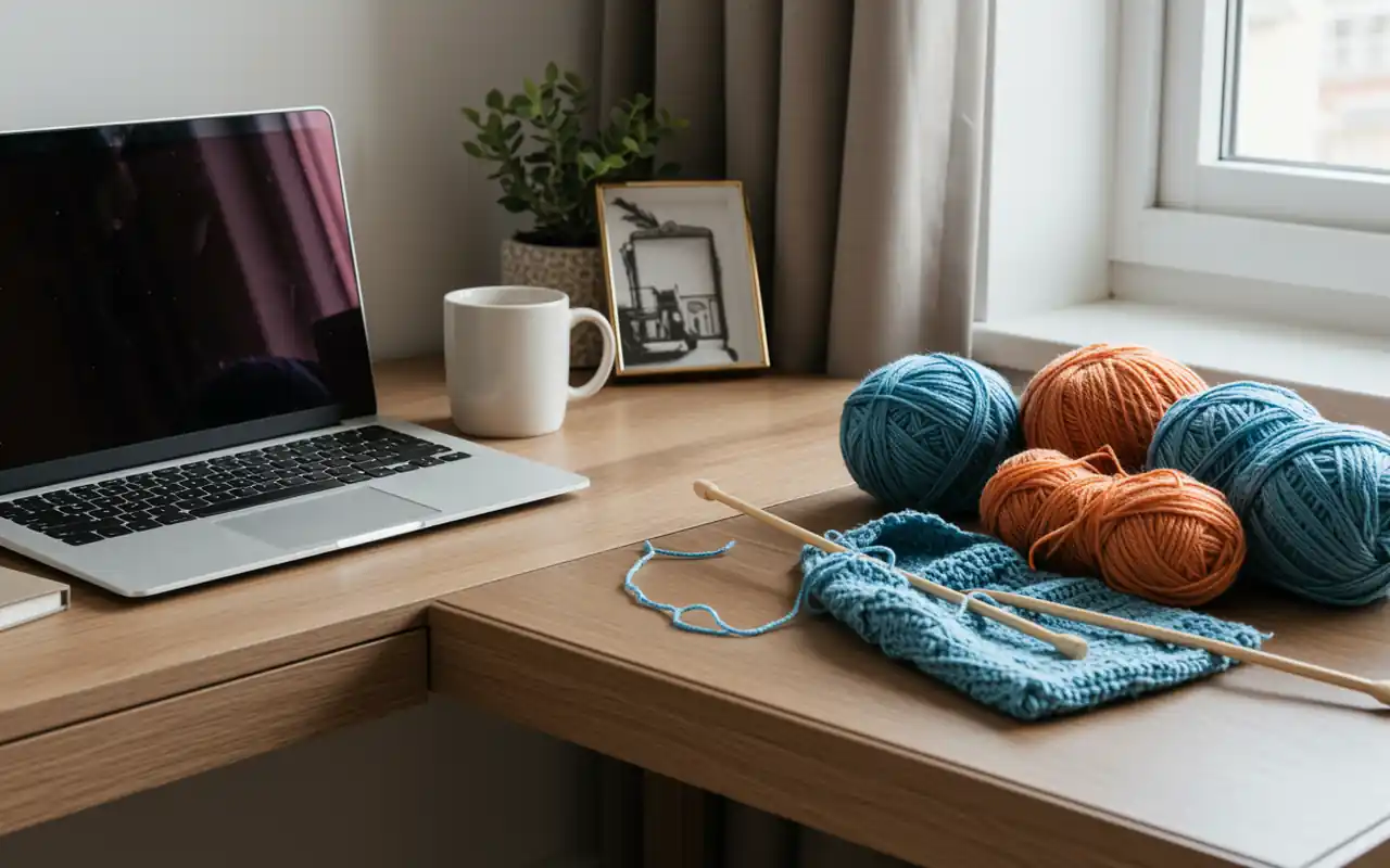 An L-shaped wooden desk with a computer on one side and art supplies on the other.