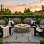 Close-up of high-quality synthetic resin wicker furniture and navy blue outdoor cushions.
