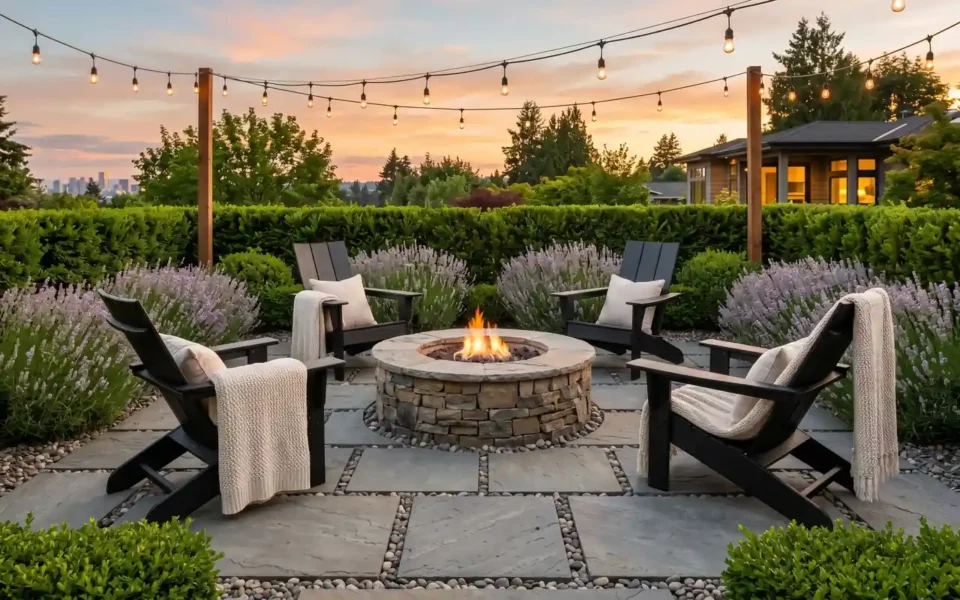 Close-up of high-quality synthetic resin wicker furniture and navy blue outdoor cushions.
