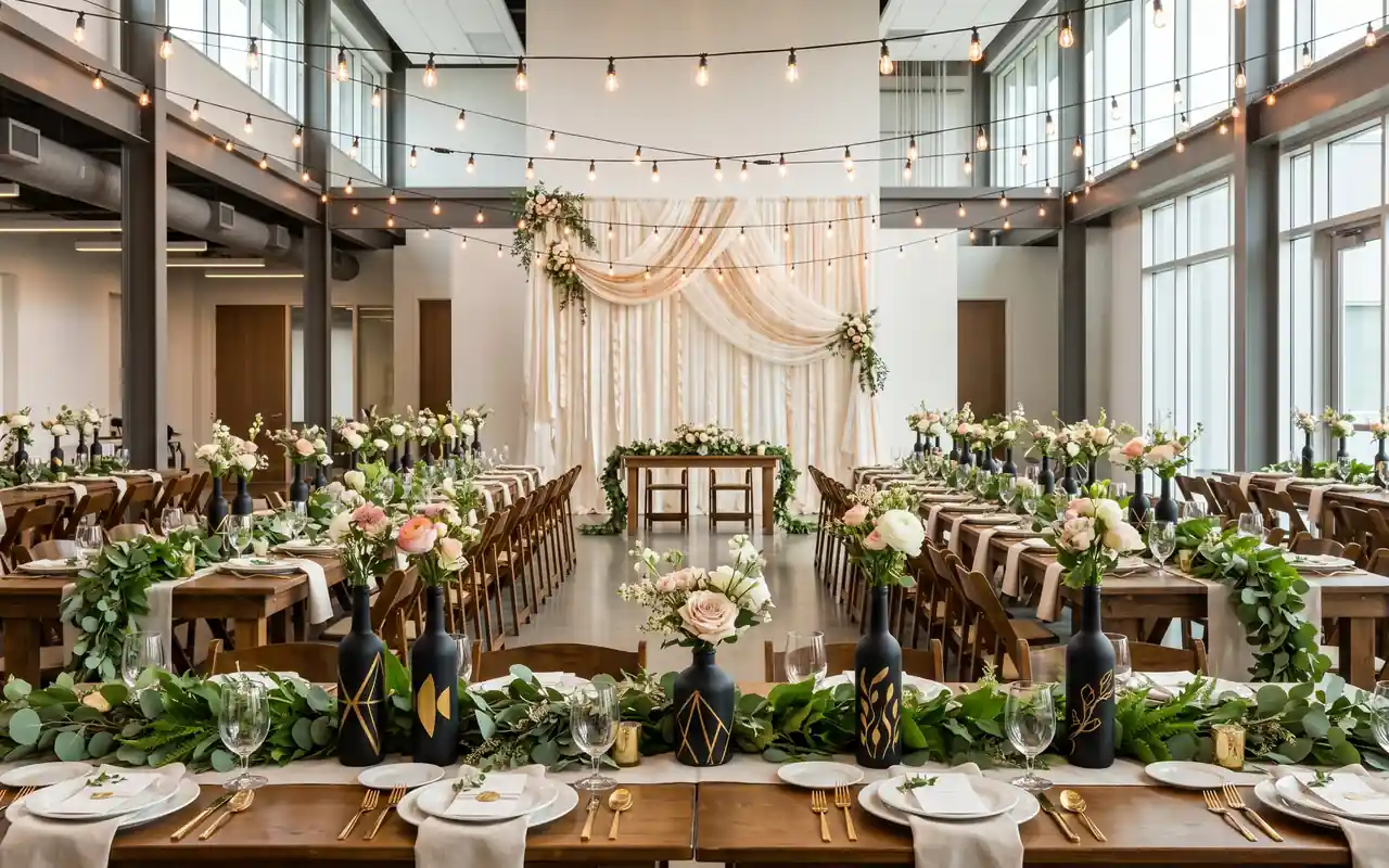 A modern wedding reception featuring various handmade DIY decor elements and warm lighting.