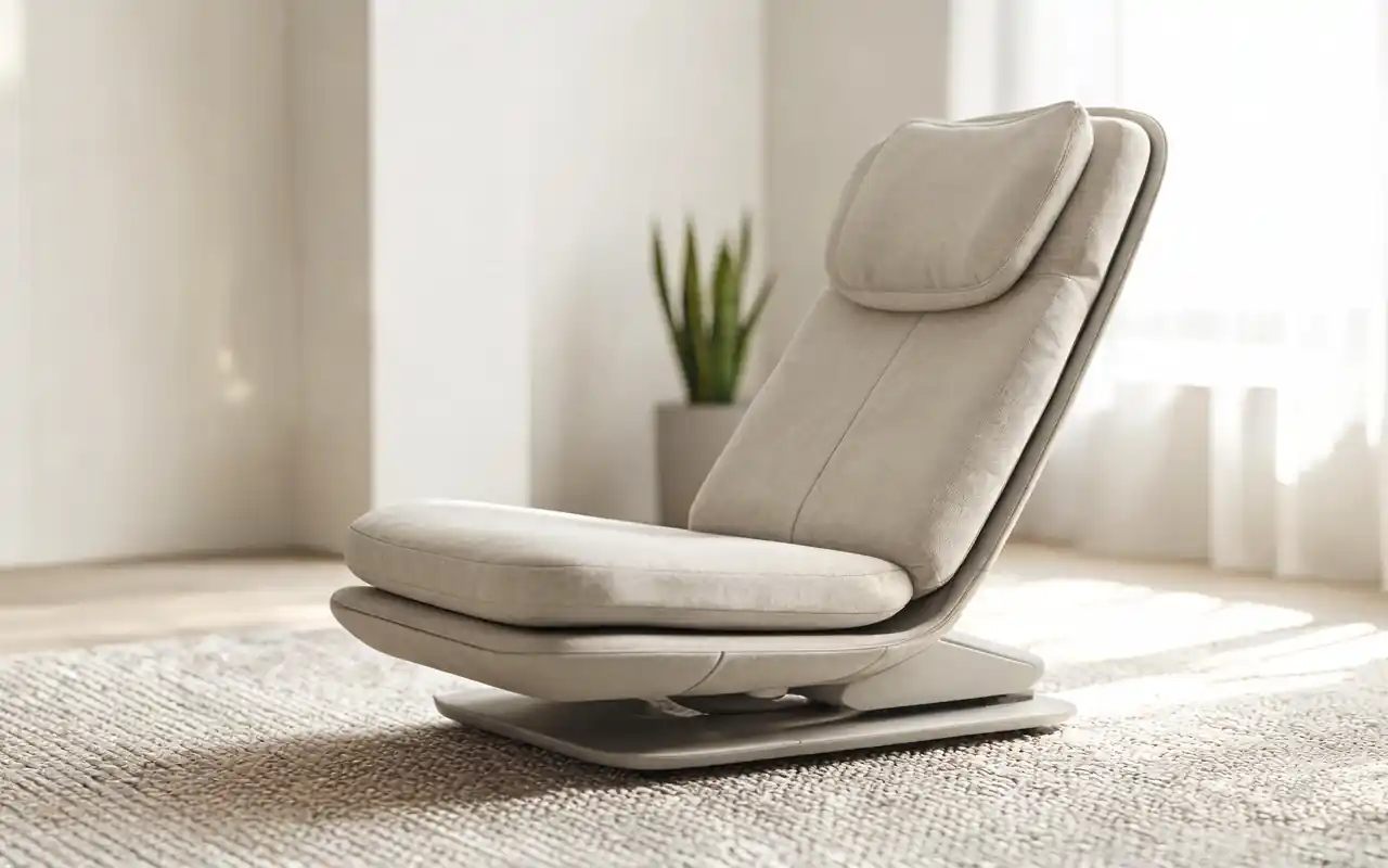 A modern greige floor meditation chair with an adjustable backrest on a low-pile cream rug.