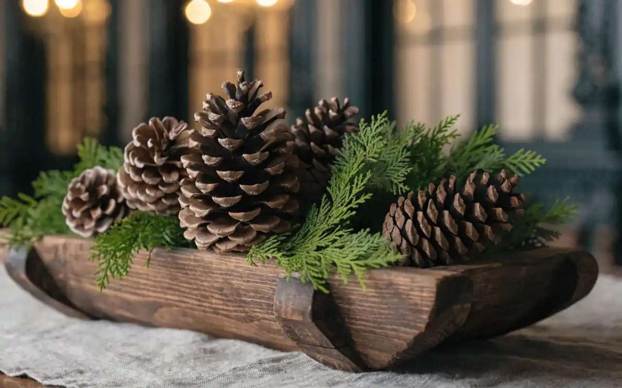 A rustic winter centerpiece with fresh cedar boughs and large pinecones in a wooden trough.