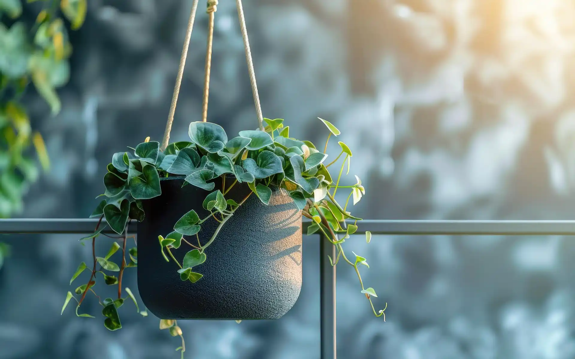 Grey fabric shoe organizer hung on a wall and filled with small green plants