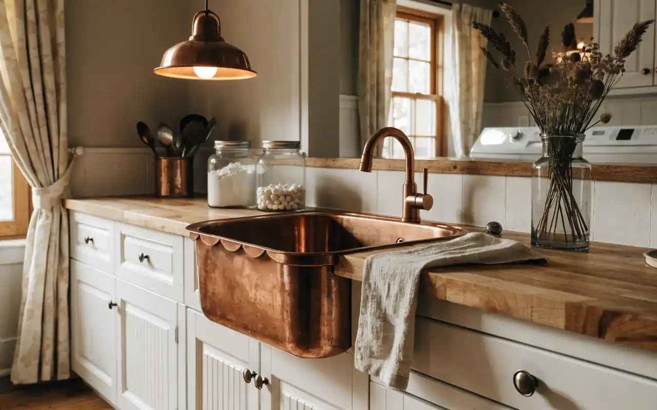 Farmhouse style laundry room with beadboard cabinet doors and a butcher block countertop.
