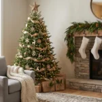 A cozy living room with farmhouse christmas decor featuring a tall tree and neutral tones.