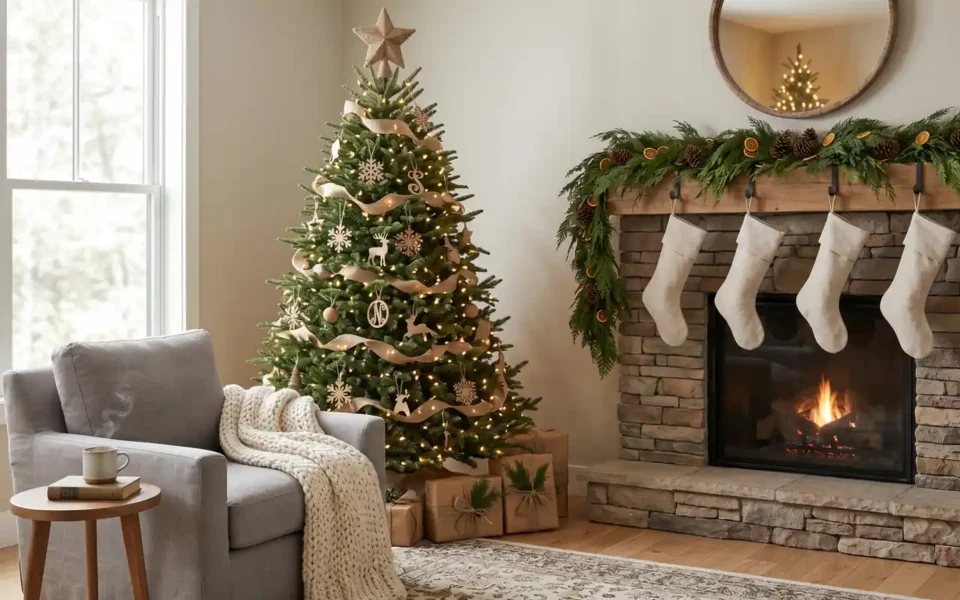 A cozy living room with farmhouse christmas decor featuring a tall tree and neutral tones.