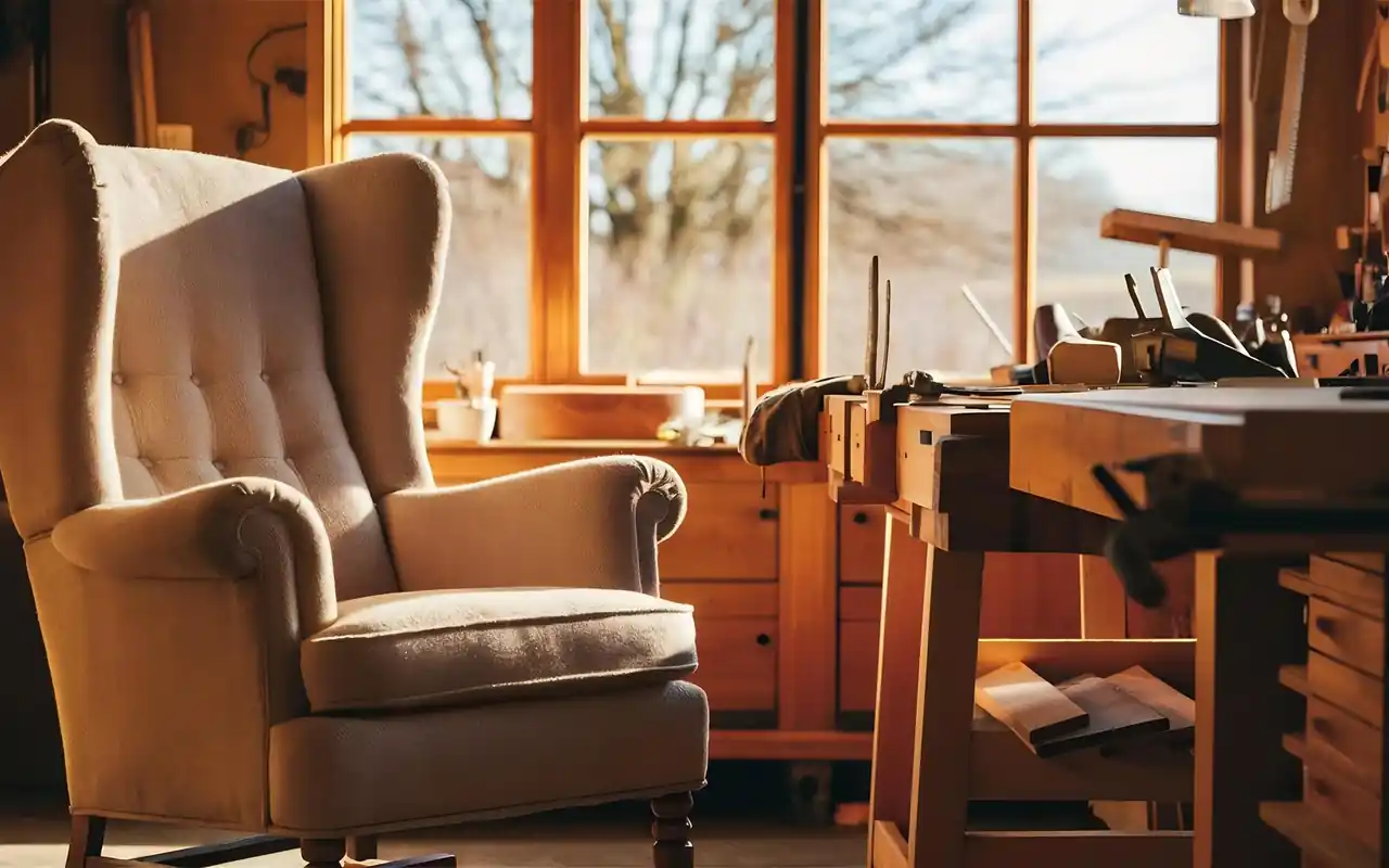 A distressed pine farmhouse table used as a large crafting workstation.
