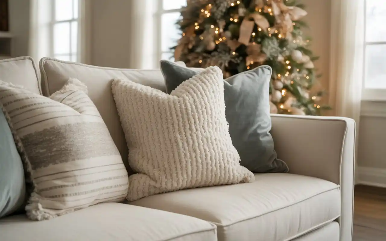 A farmhouse dining table with a wood dough bowl centerpiece and pinecones.