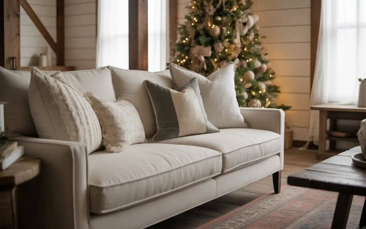 A farmhouse entryway featuring a wooden bench and fresh cedar branches in a crate.