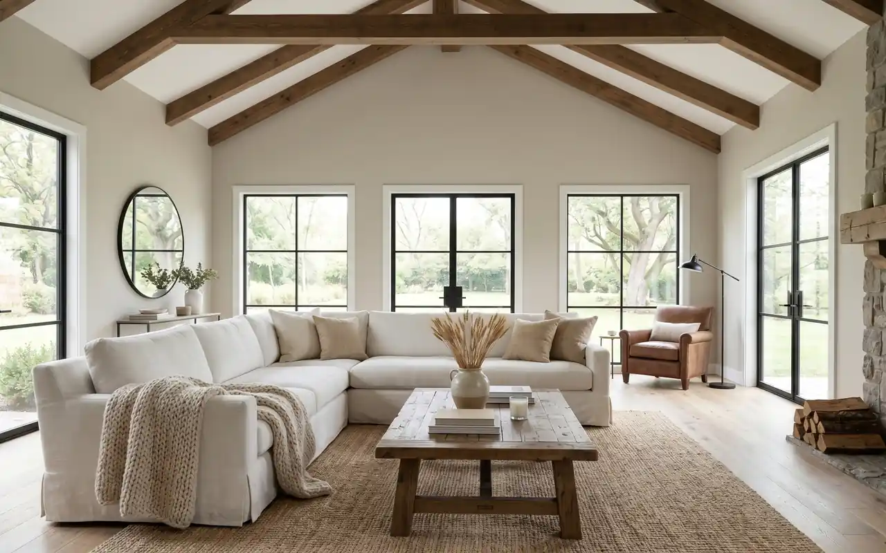 A cozy modern farmhouse living room with a white slipcovered sofa and wood beams