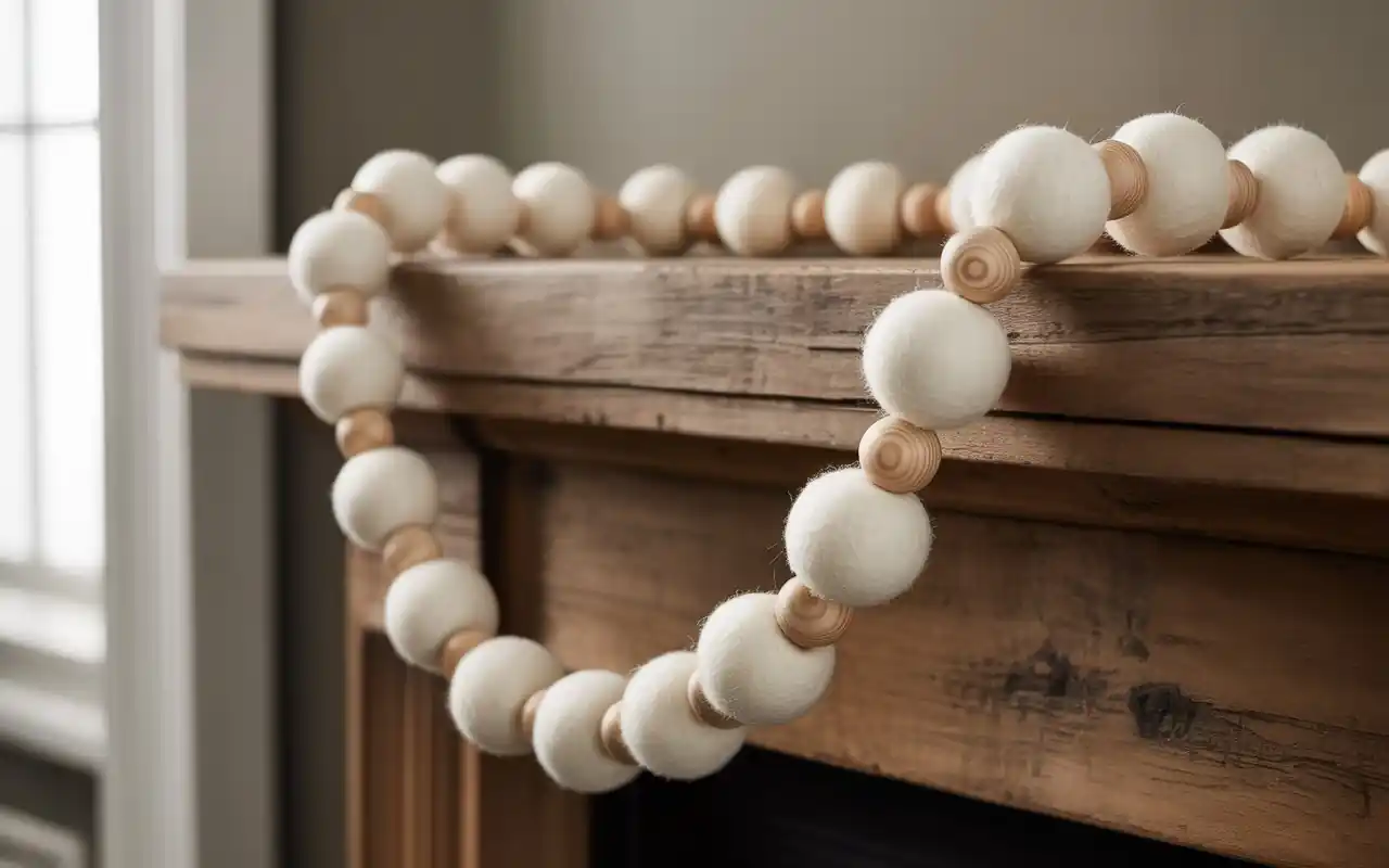 A rustic garland of felt acorns in forest green and tan colors hanging with evergreen sprigs.