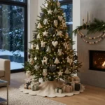 A modern Christmas tree decorated with white and grey hand-stitched felt ornaments.