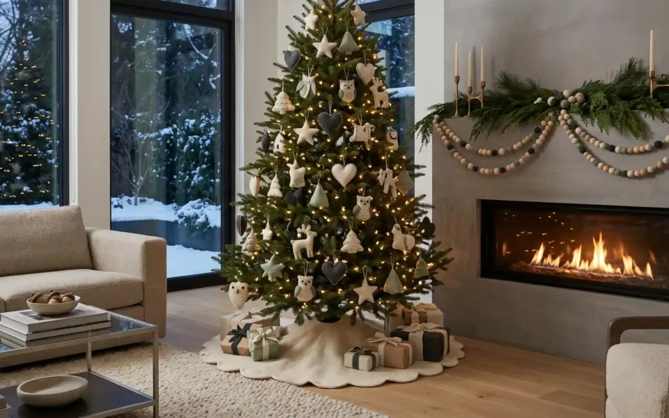 A modern Christmas tree decorated with white and grey hand-stitched felt ornaments.