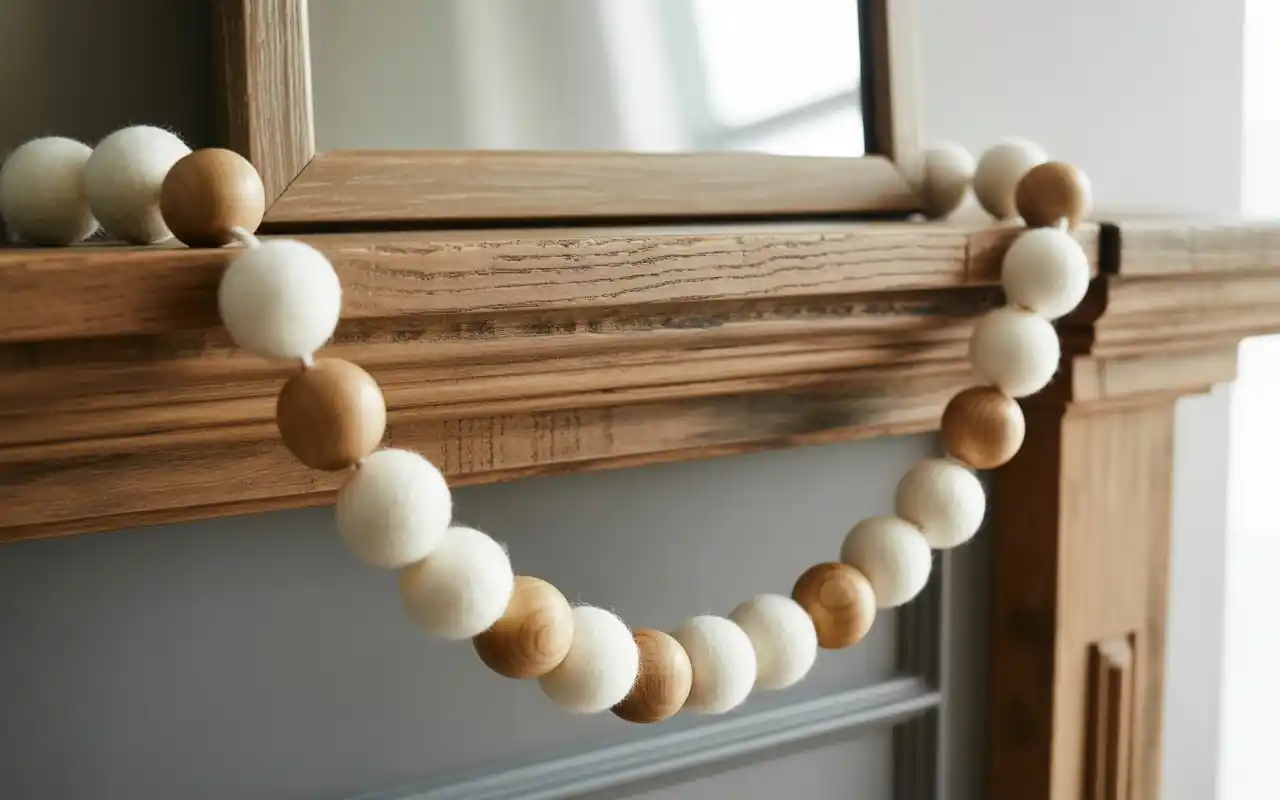 Small tan felt gingerbread houses with white embroidery hanging on a dark green tree branch.