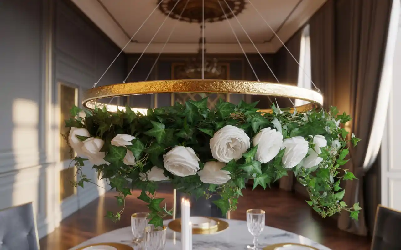 Close-up of tall glass cylinder vases with floating candles and green ivy leaves submerged in water.