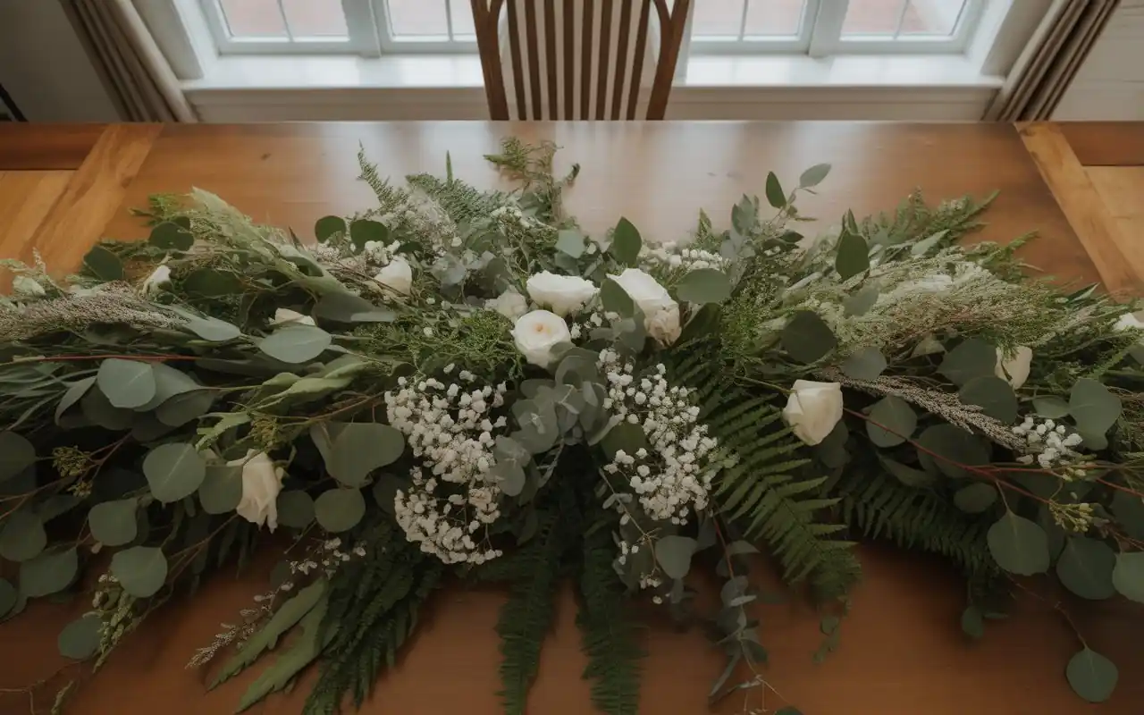 Different heights of glass cylinders with floating candles and submerged greenery.