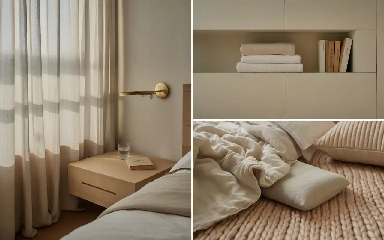 Floating nightstand and wall sconce in a narrow bedroom.