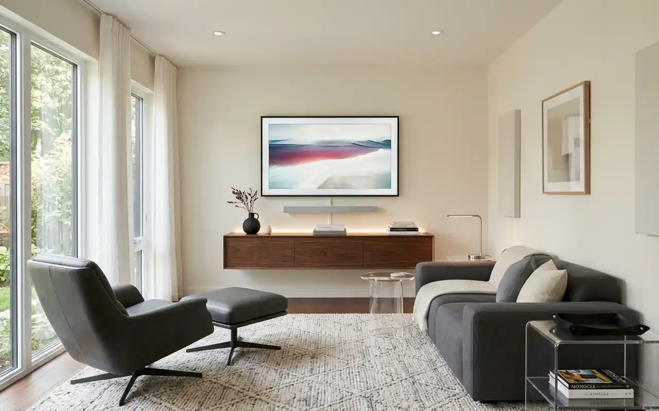 Acrylic side tables and a floating media console in a bright, modern tiny man cave.