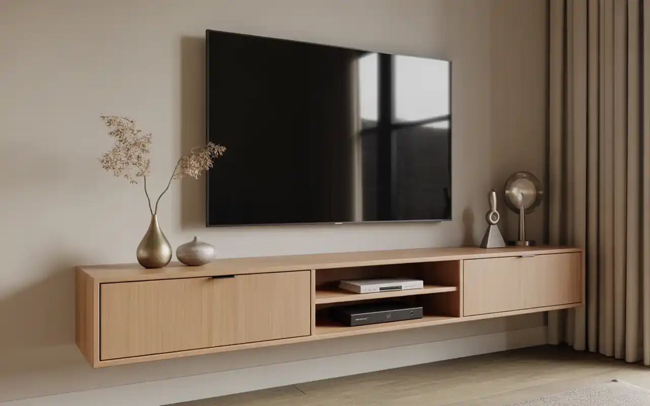 A modern wall-mounted light wood media console with a TV above it in a small room.
