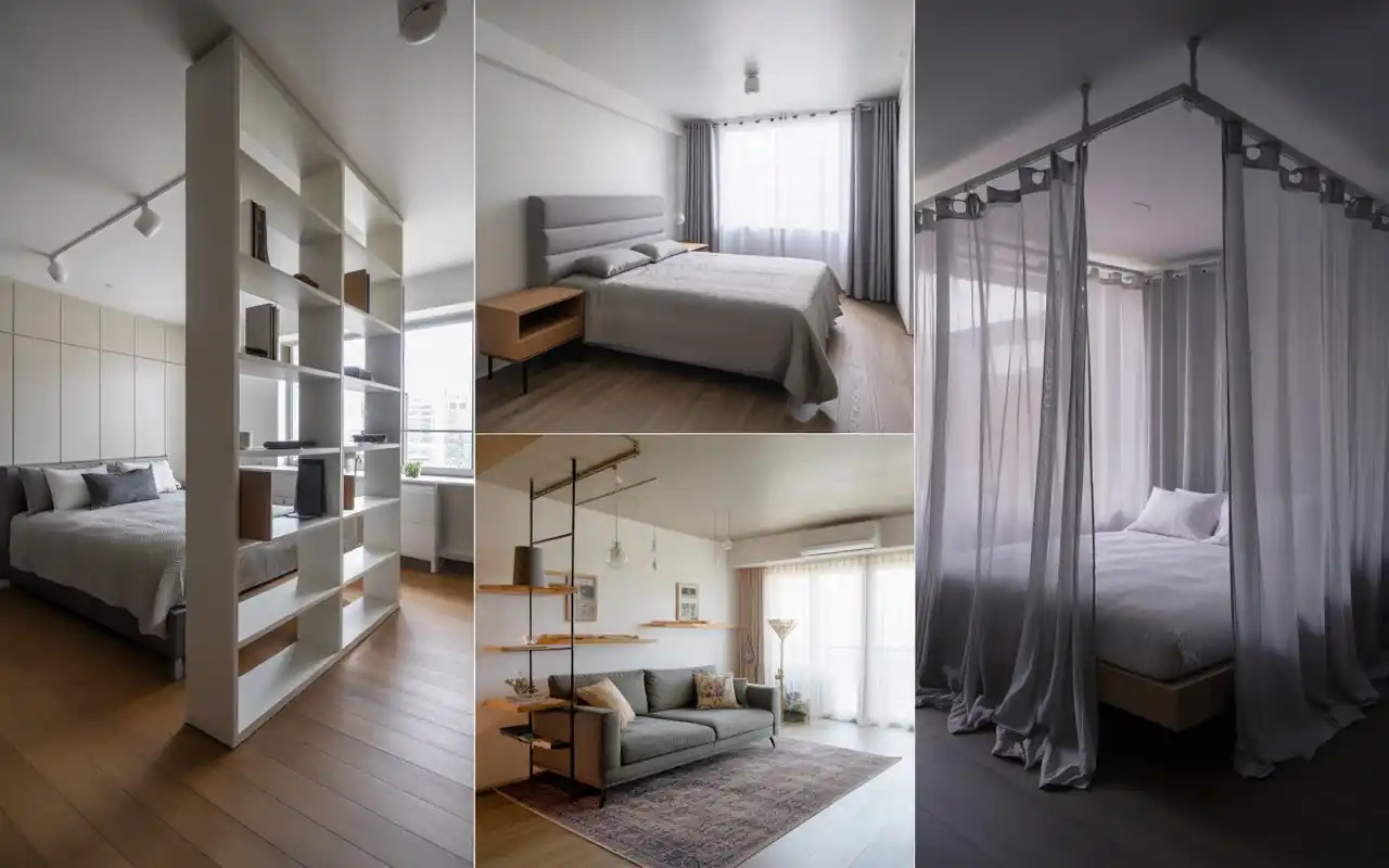 Modern sofa in the middle of a studio apartment defining the living area
