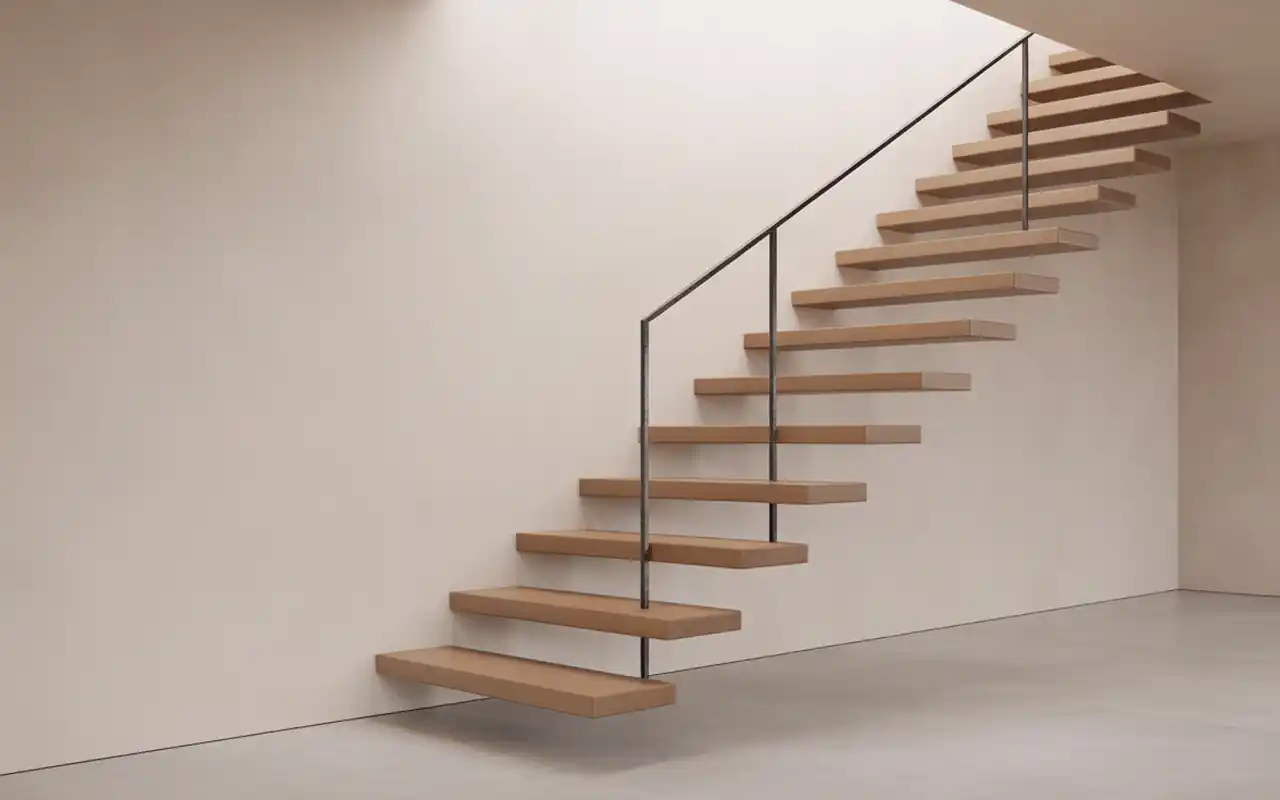 A modern floating staircase with thick wood treads and a glass railing in a barn home.