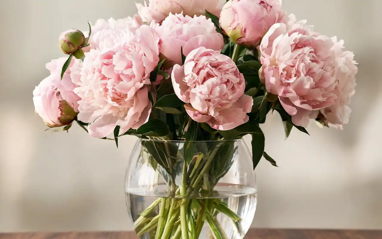 A large bunch of pale pink peonies in a glass vase acting as a living centerpiece.