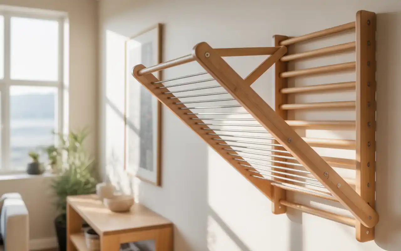 A space-saving wall-mounted ironing board folded out in a small stylish laundry room.