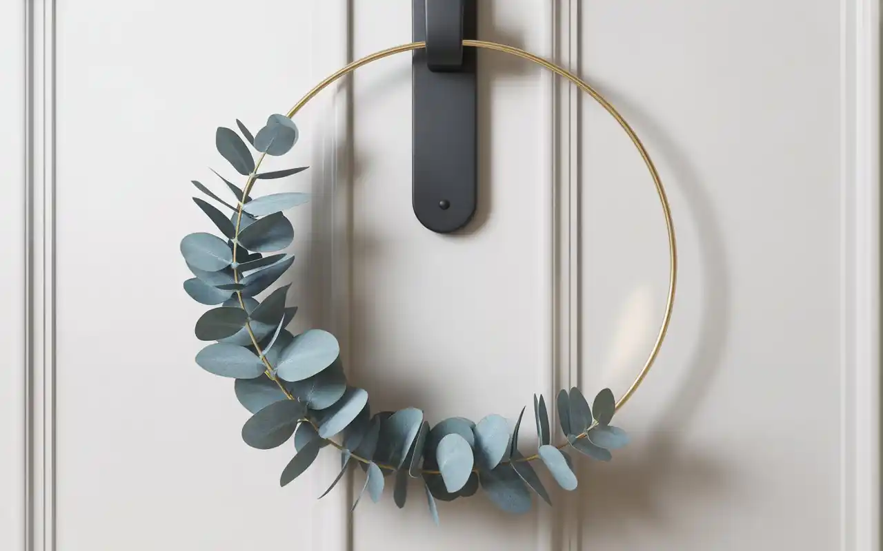 A vibrant yellow forsythia sunburst wreath on a black modern front door.