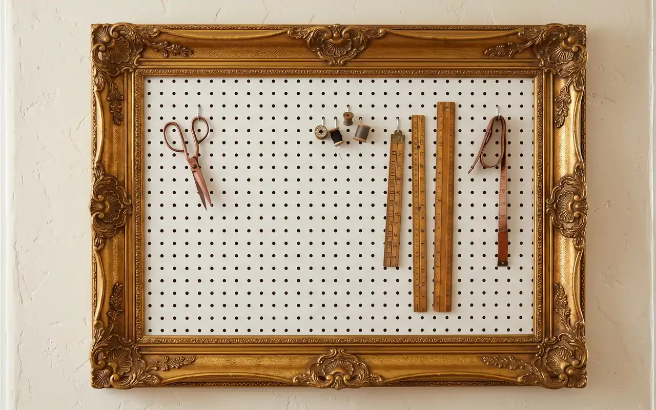A white pegboard inside a large ornate gold frame holding craft tools.