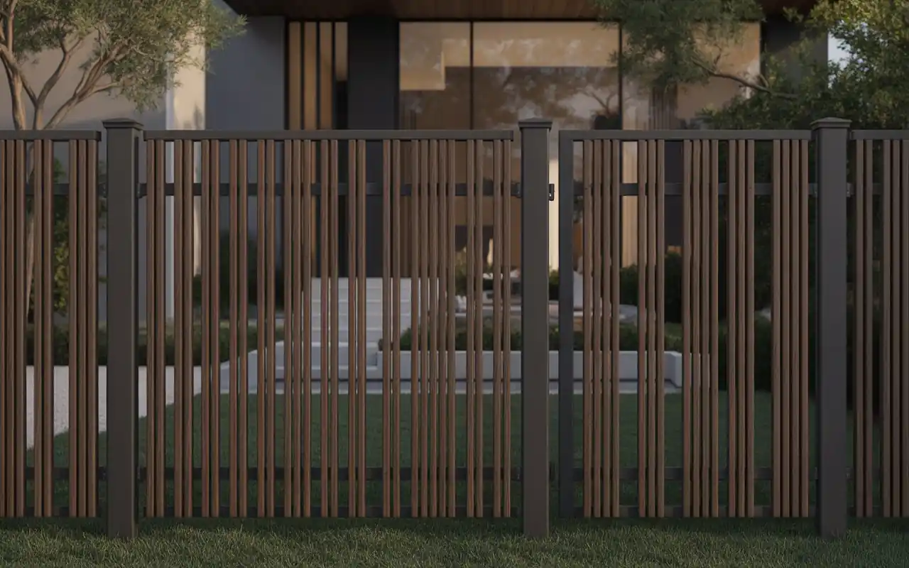 A modern privacy wall featuring sections of gabion stone cages and horizontal wood slats.