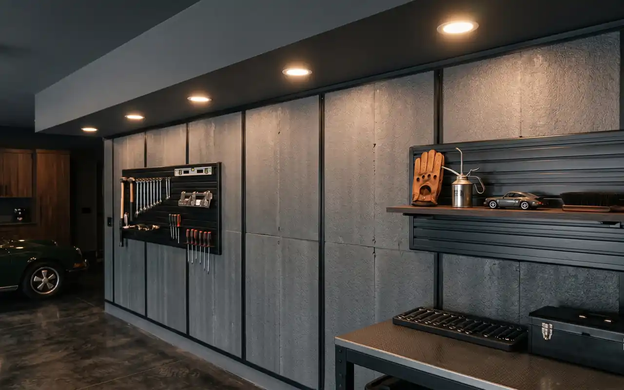 A modern garage man cave showing wall insulation panels and recessed ceiling lighting.