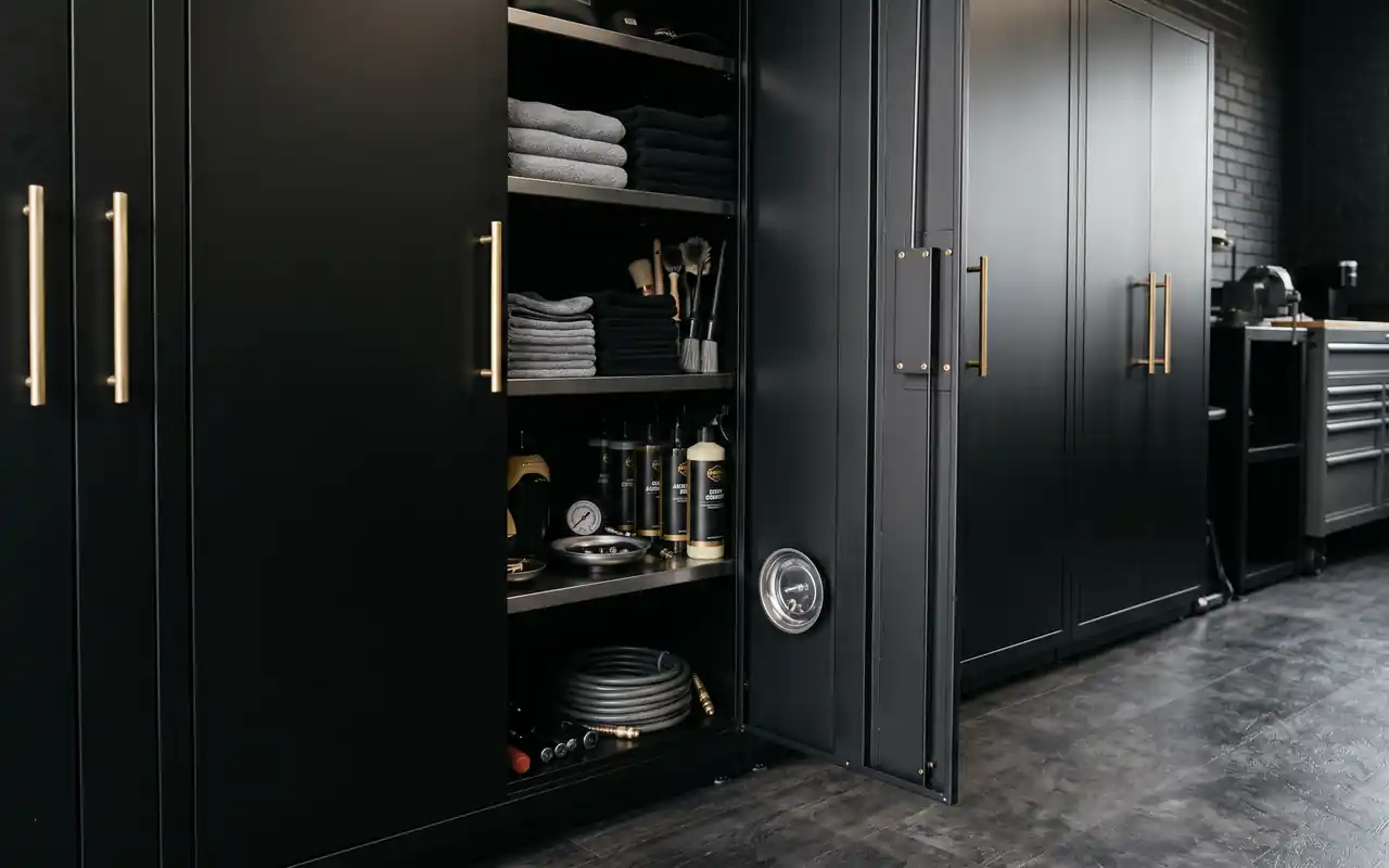 Custom matte black storage cabinets in a garage with organized tool storage.