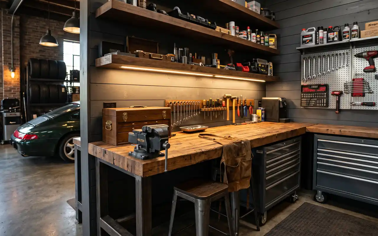 A bright garage workshop zone with a butcher block bench and layered LED task lighting.