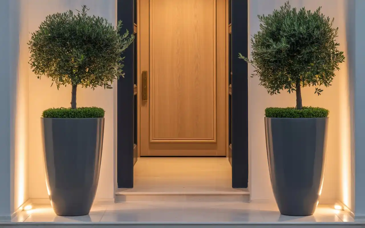 A black and white geometric outdoor rug under two modern rocking chairs on a porch.